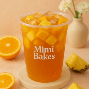 Ly trà trái cây nhiệt đới mát lạnh với xoài, thơm, cam và đá, thương hiệu Mimi Bakes