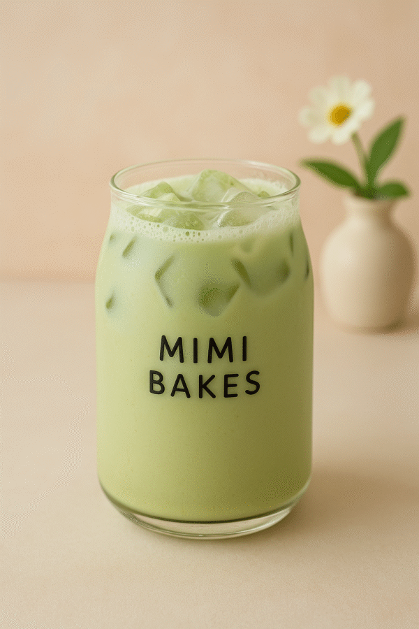 Ly sữa matcha với đá viên trong suốt và logo Mimi Bakes trên nền pastel dịu nhẹ