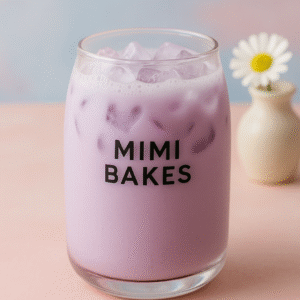 Ly sữa khoai môn mát lạnh với đá viên và logo Mimi Bakes, đặt trên nền pastel nhẹ