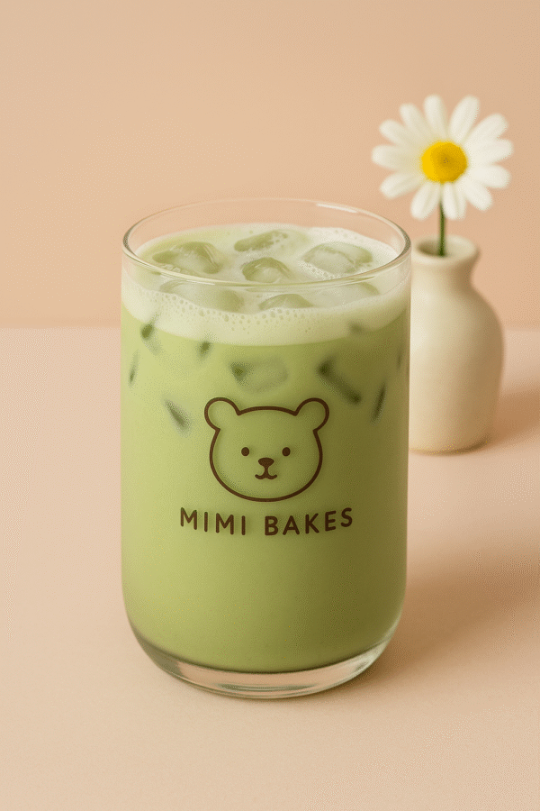 Ly matcha latte với đá viên và lớp bọt nhẹ, logo Mimi Bakes, nền pastel cam