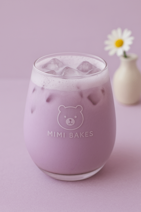 Ly khoai môn latte màu tím nhẹ, có đá và bọt, logo Mimi Bakes, nền pastel tím