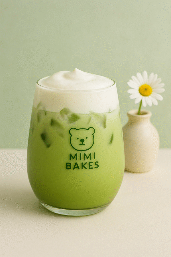 Ly matcha latte với lớp kem mịn bên trên, đá viên, logo Mimi Bakes, nền xanh pastel