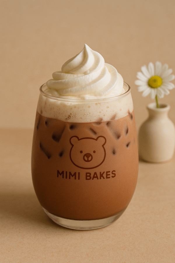 Ly cacao latte với đá viên và kem tươi, logo Mimi Bakes, nền pastel nâu kem